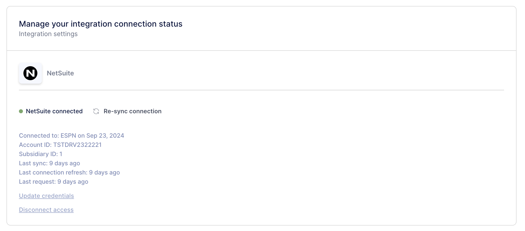 Screenshot - Manage your integration connection status