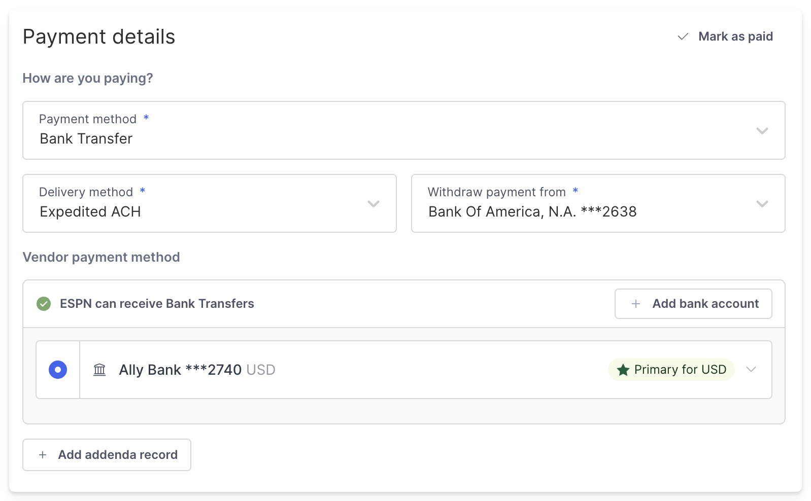 Payment details section with "+Add addenda record" button visible