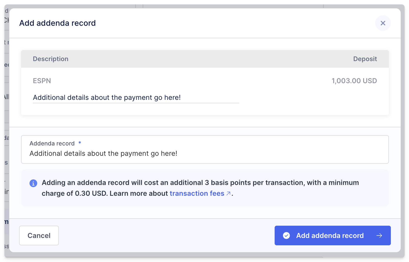 Addenda record text field with example description entered