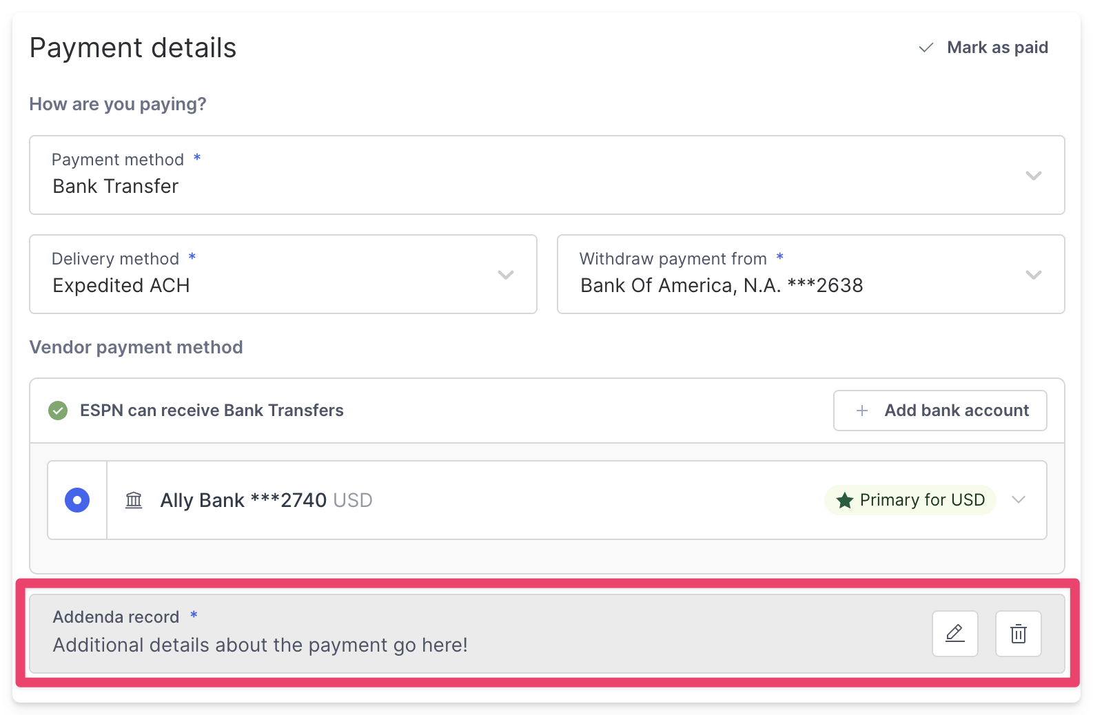 Payment details section showing addenda record successfully added