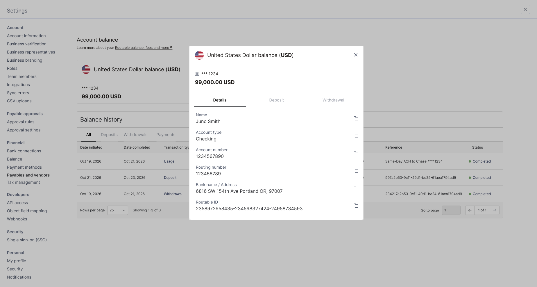 Balance page in Routable showing the Virtual Account Number section with routing number, account number, and bank address