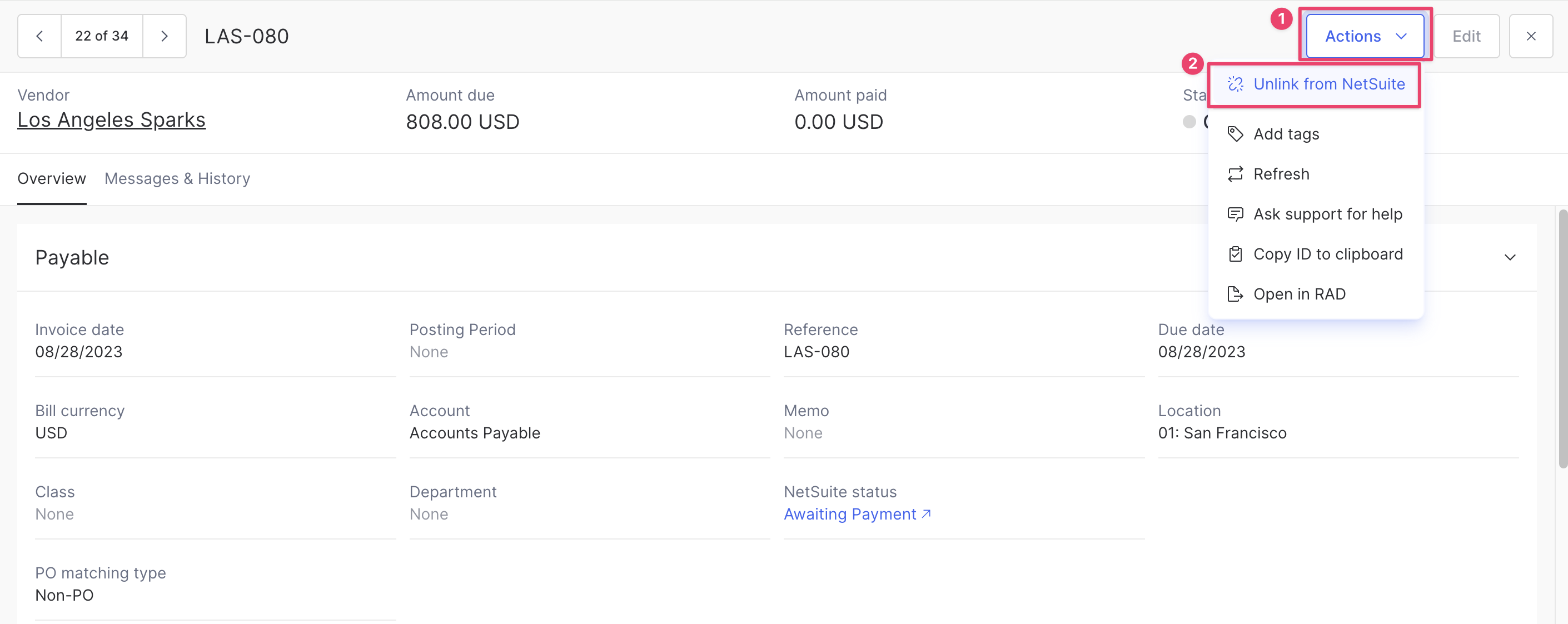 Payable detail page showing the 3-dot menu open with 'Unlink record from NetSuite' option visible